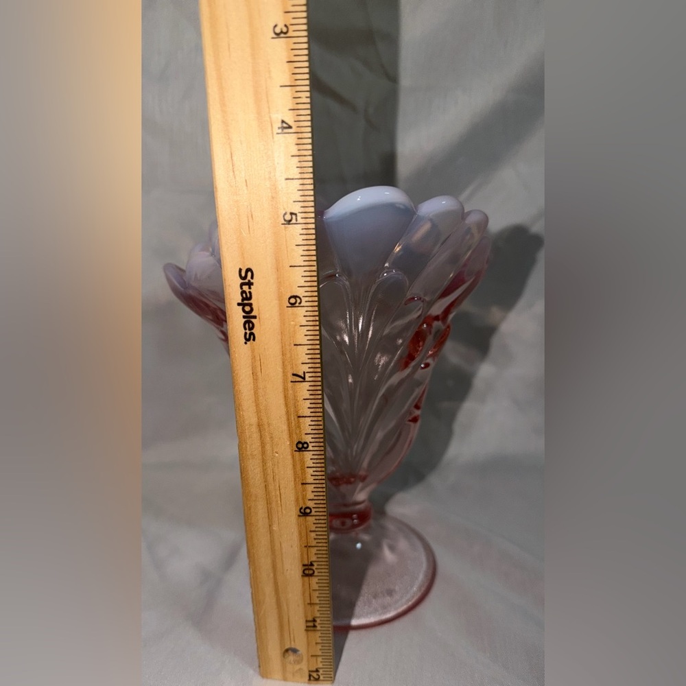 Pink Opalescent Glass Vase, Decorative, Scalloped Rim, Pedestal Base, 6.5" Tall - Picture 9 of 13
